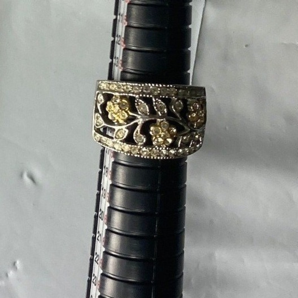 Vintage Floral Etched Ring Silver Tone Gold Accents Women Size 4.5